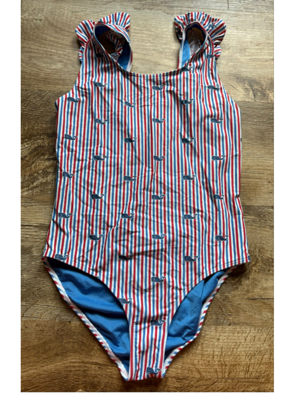 Vineyard Vines Girls Size L (14) Ruffle One-Piece Swimsuit Red White Blue Whale